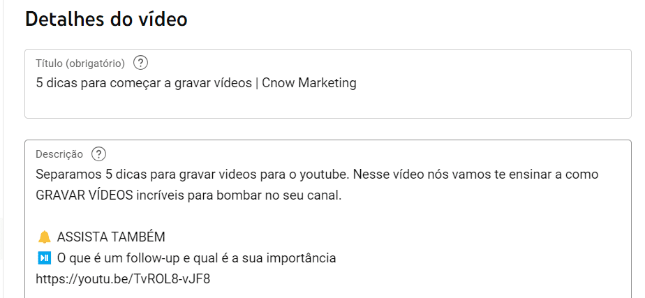 Otimização do título e descrição do vídeo