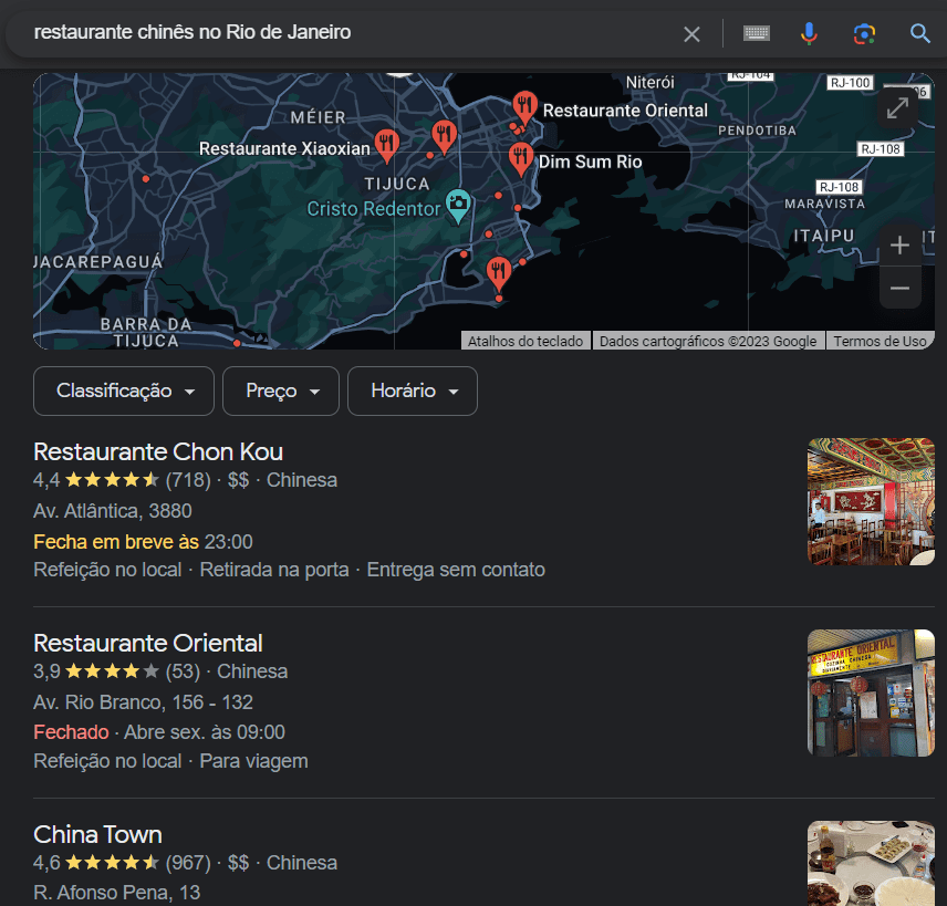o pesquisar “restaurante chinês no Rio de Janeiro” pelo celular, o que aparece na primeira página